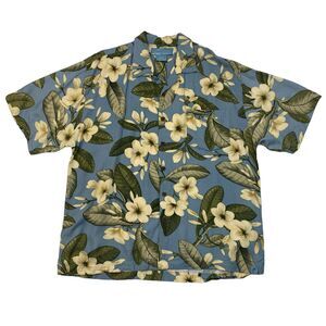 Bermuda Bay Hawaiian Shirt Mens XL Extra Large Blue Wood Buttons Island Floral